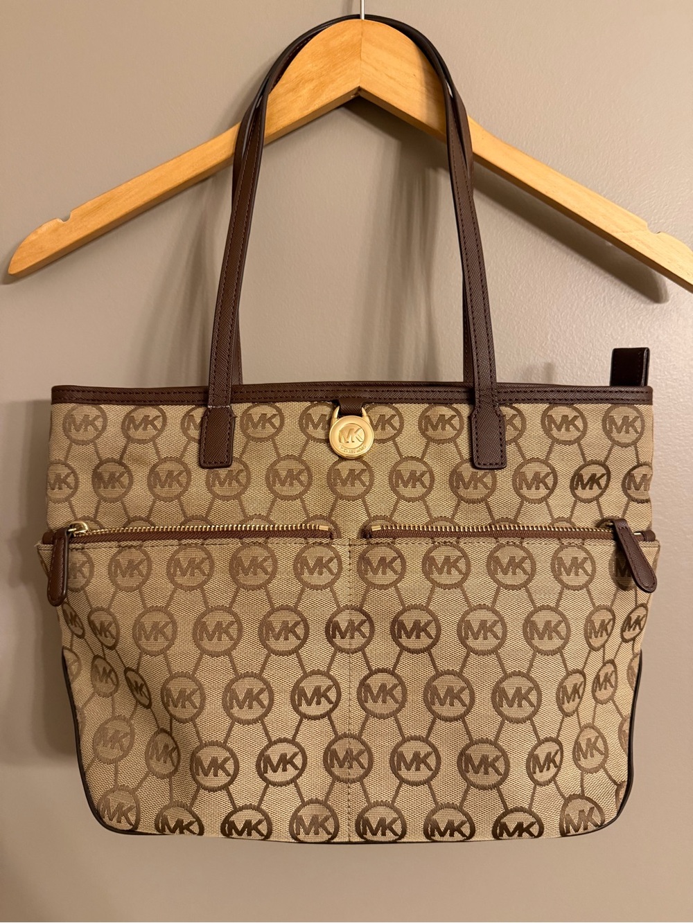 Michael Kors Brown Monogram Logo Canvas Tote Bag with COA